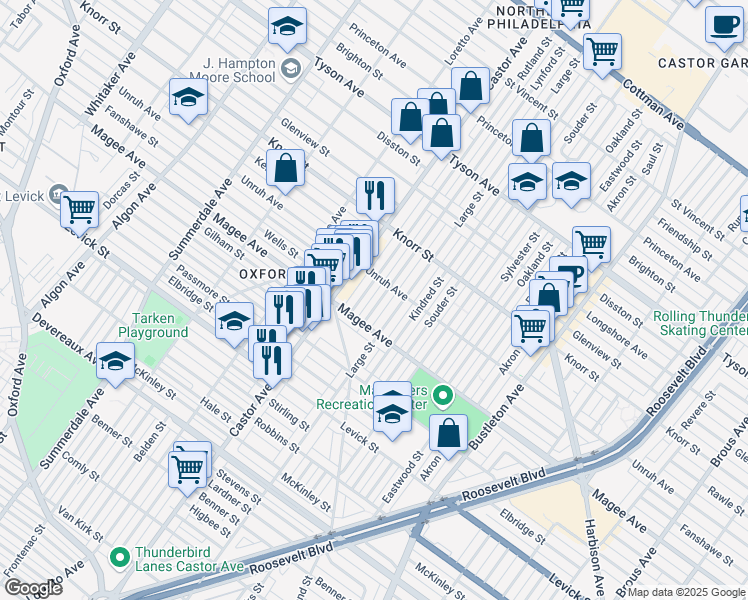 map of restaurants, bars, coffee shops, grocery stores, and more near 6632 Lynford Street in Philadelphia