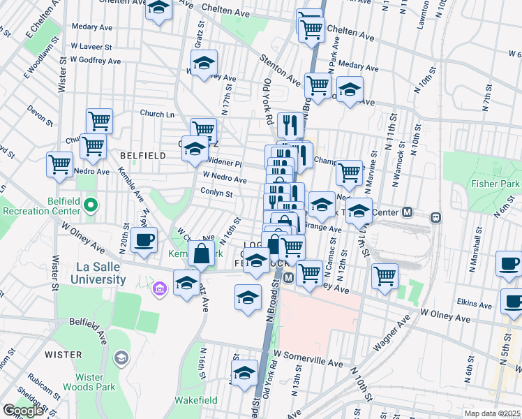 map of restaurants, bars, coffee shops, grocery stores, and more near 5821 North 15th Street in Philadelphia