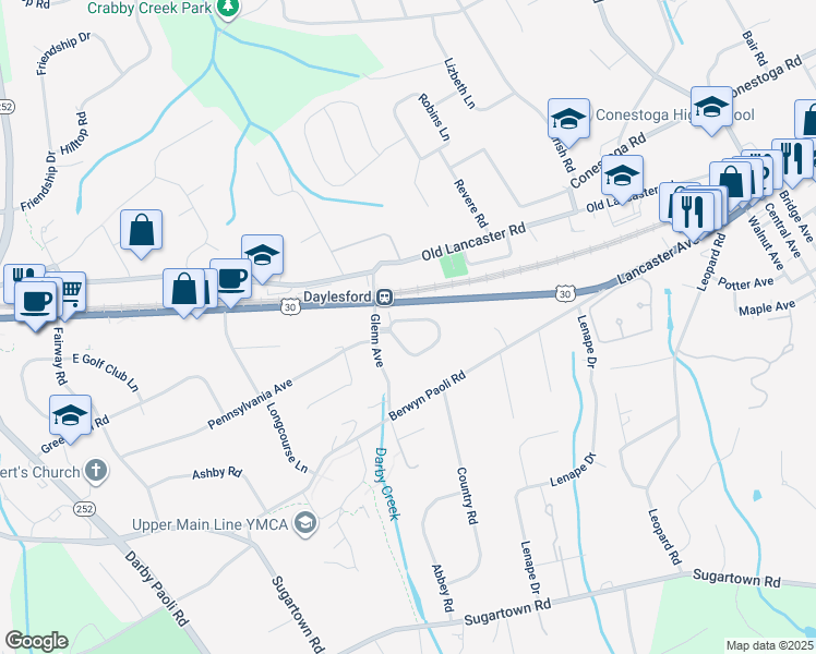 map of restaurants, bars, coffee shops, grocery stores, and more near 81 Oak Knoll Drive in Berwyn