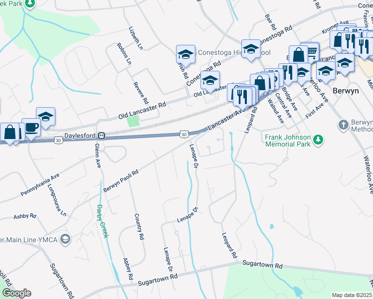 map of restaurants, bars, coffee shops, grocery stores, and more near 1192 Berwyn Paoli Road in Berwyn