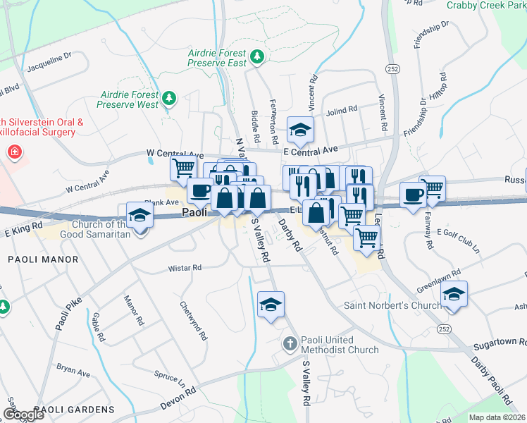 map of restaurants, bars, coffee shops, grocery stores, and more near 14 Paoli Court in Paoli