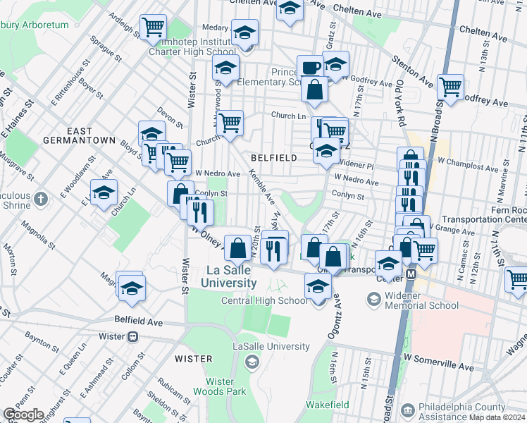 map of restaurants, bars, coffee shops, grocery stores, and more near 5733 North 20th Street in Philadelphia