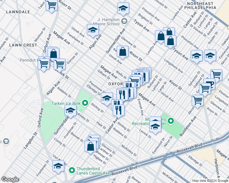 map of restaurants, bars, coffee shops, grocery stores, and more near 1337 Hellerman Street in Philadelphia
