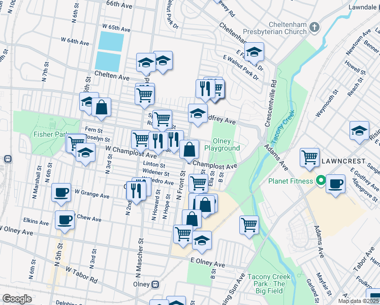 map of restaurants, bars, coffee shops, grocery stores, and more near 6019 North Front Street in Philadelphia