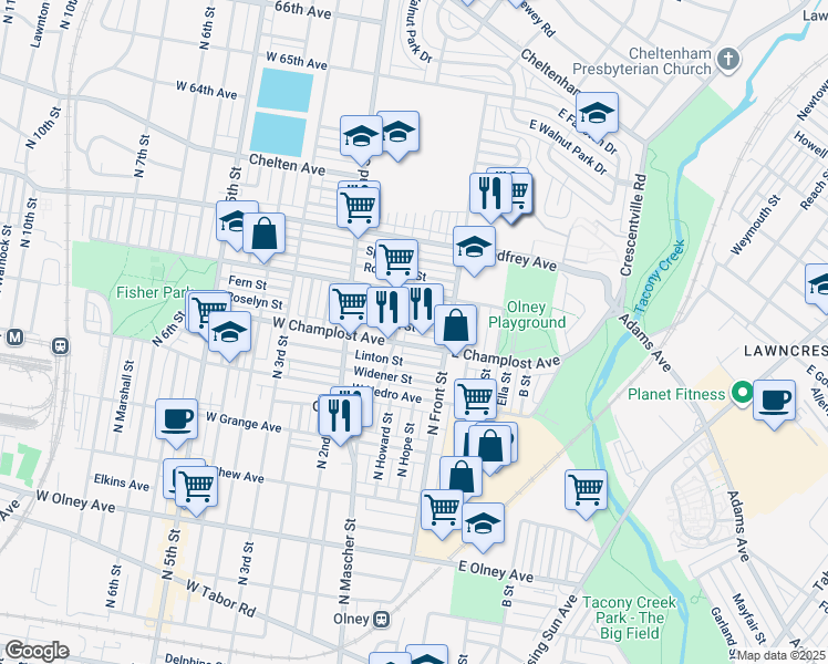map of restaurants, bars, coffee shops, grocery stores, and more near 126 Roselyn Street in Philadelphia