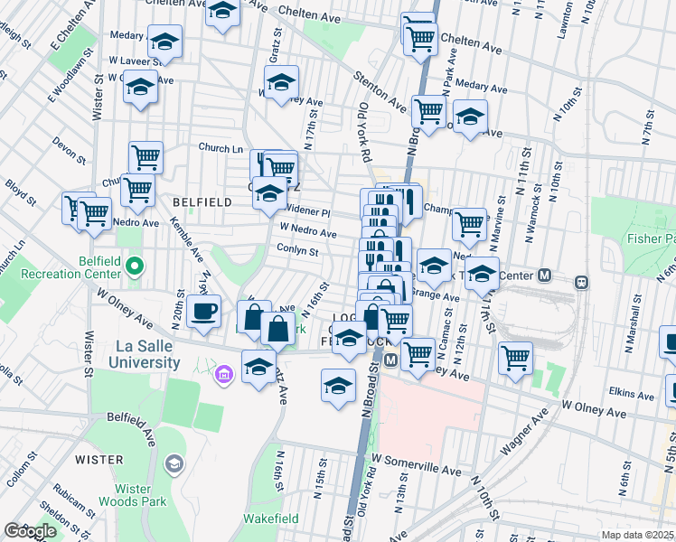 map of restaurants, bars, coffee shops, grocery stores, and more near 5819 North 16th Street in Philadelphia