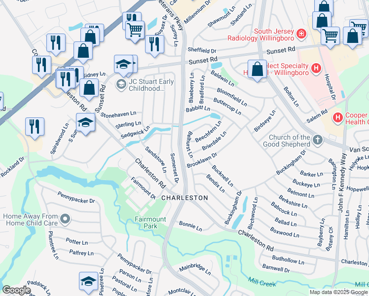 map of restaurants, bars, coffee shops, grocery stores, and more near 29 Belhurst Lane in Willingboro