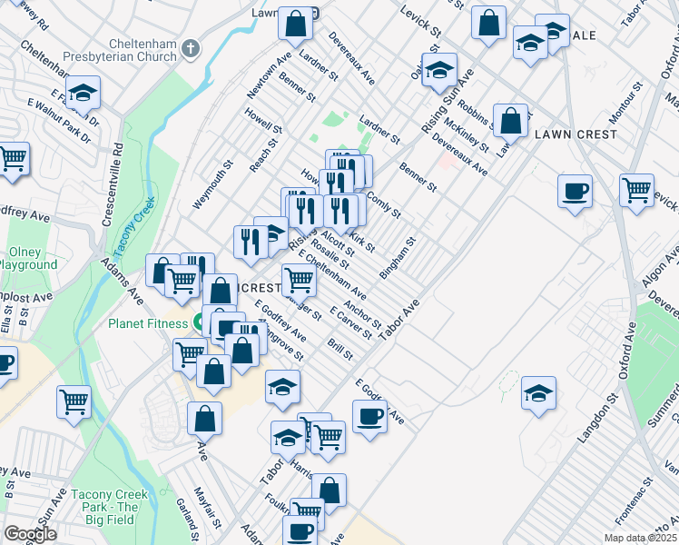 map of restaurants, bars, coffee shops, grocery stores, and more near 561 East Cheltenham Avenue in Philadelphia