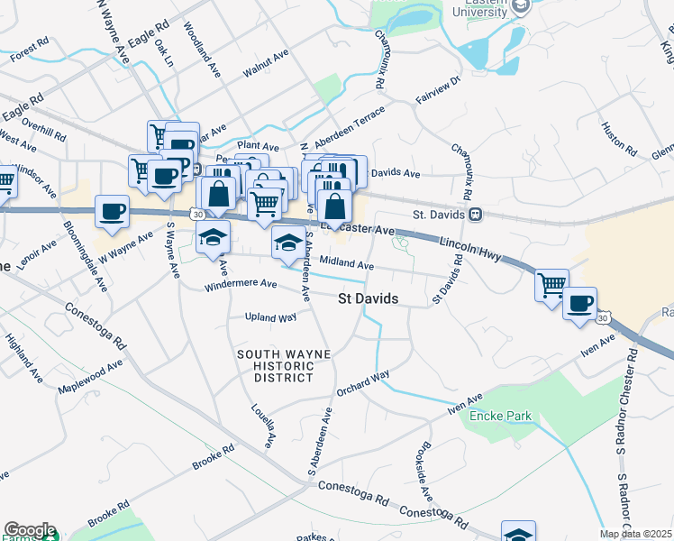 map of restaurants, bars, coffee shops, grocery stores, and more near 314 Midland Avenue in Wayne