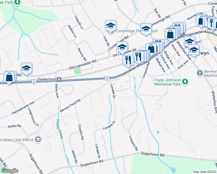 map of restaurants, bars, coffee shops, grocery stores, and more near 1192 Berwyn Paoli Road in Berwyn