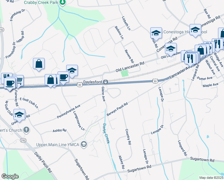 map of restaurants, bars, coffee shops, grocery stores, and more near 81 Oak Knoll Drive in Berwyn