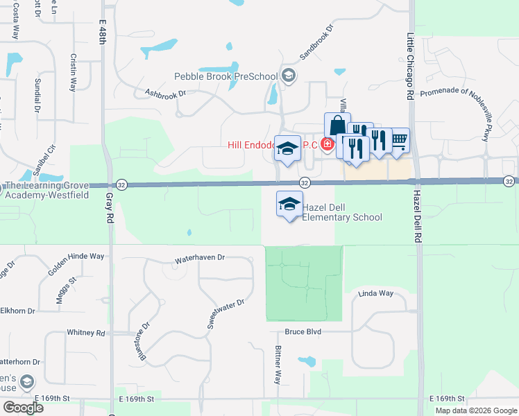 map of restaurants, bars, coffee shops, grocery stores, and more near 3133 Westfield Road in Noblesville
