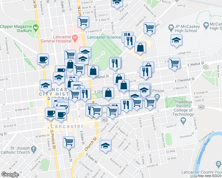 map of restaurants, bars, coffee shops, grocery stores, and more near 321 East Chestnut Street in Lancaster
