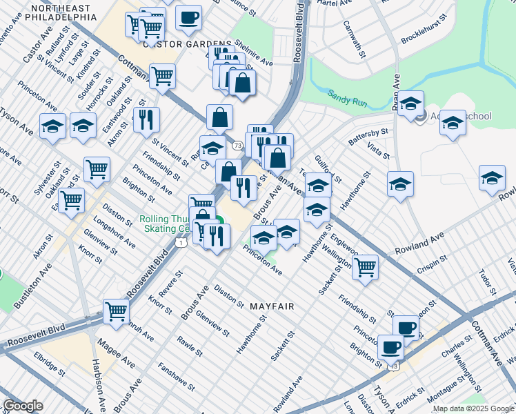 map of restaurants, bars, coffee shops, grocery stores, and more near 7210 Brous Avenue in Philadelphia