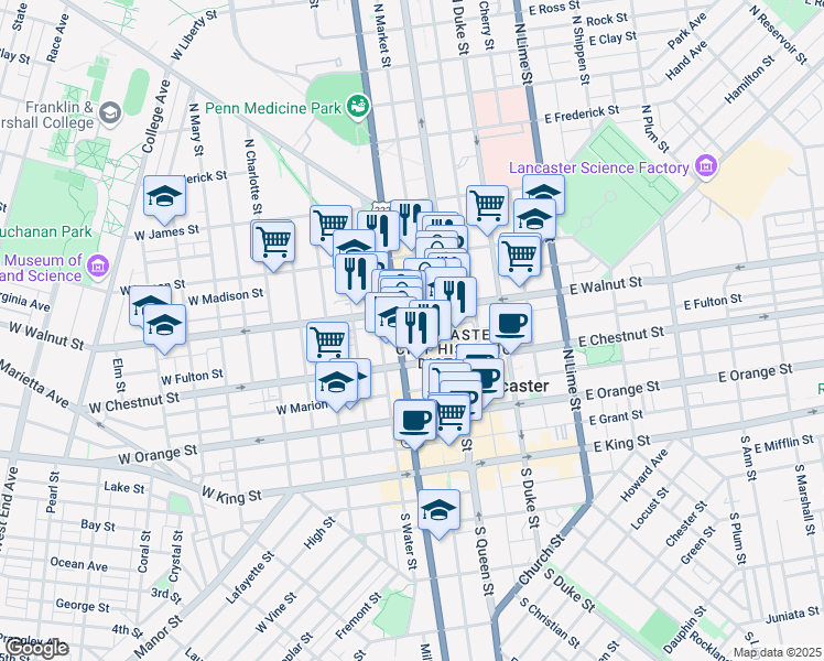 map of restaurants, bars, coffee shops, grocery stores, and more near 235 North Prince Street in Lancaster