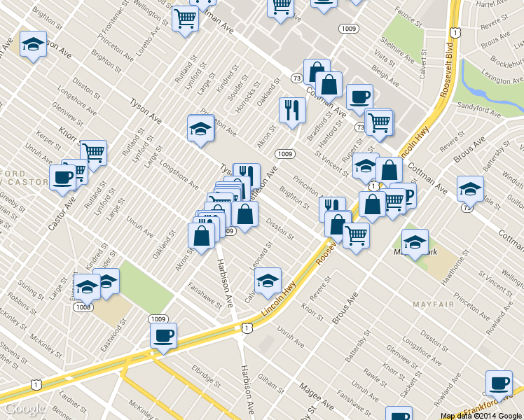 map of restaurants, bars, coffee shops, grocery stores, and more near 2125 Disston Street in Philadelphia