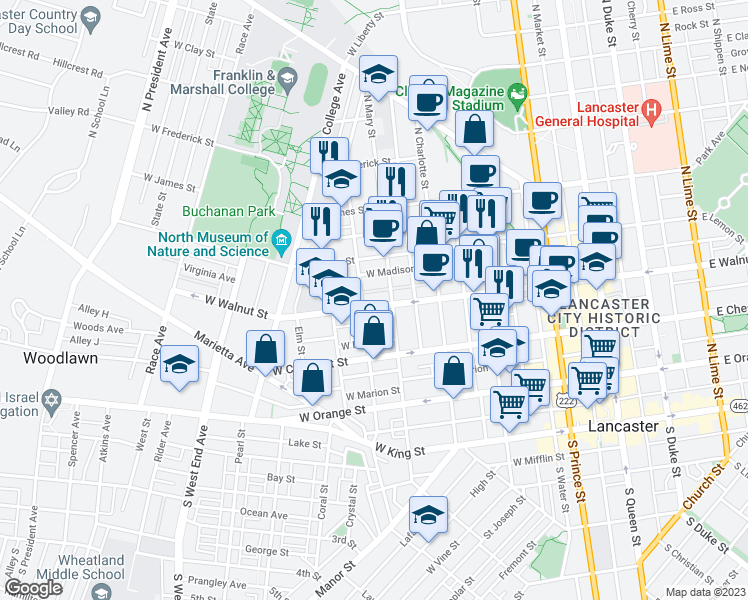 map of restaurants, bars, coffee shops, grocery stores, and more near 521 West Walnut Street in Lancaster