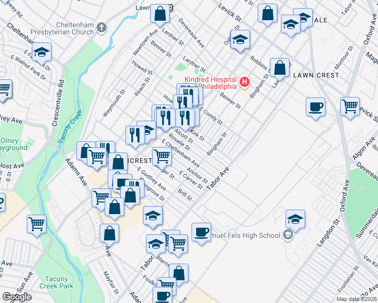 map of restaurants, bars, coffee shops, grocery stores, and more near 557 1/2 Rosalie Street in Philadelphia