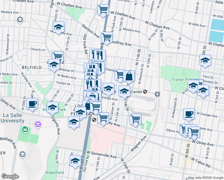 map of restaurants, bars, coffee shops, grocery stores, and more near 5846 North Camac Street in Philadelphia