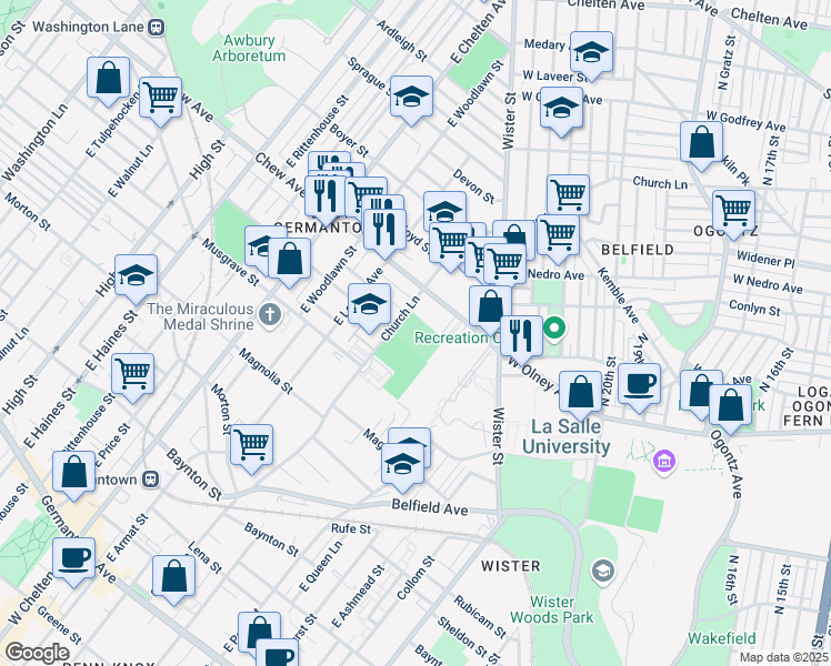 map of restaurants, bars, coffee shops, grocery stores, and more near 700 Church Lane in Philadelphia