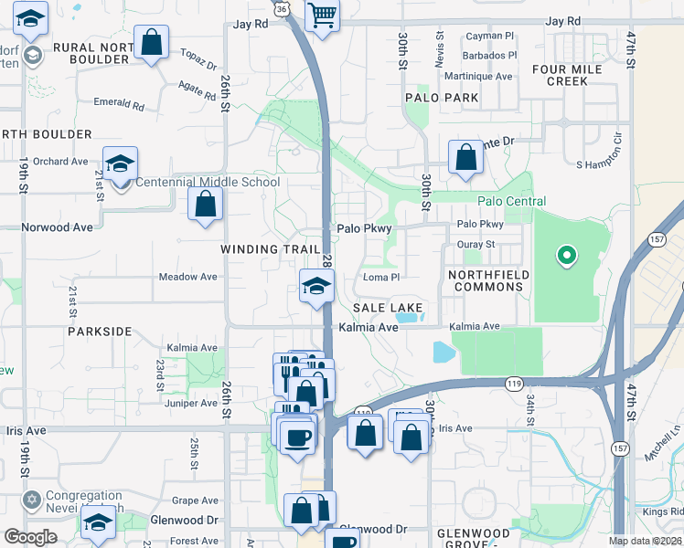 map of restaurants, bars, coffee shops, grocery stores, and more near 2800 Palo Parkway in Boulder