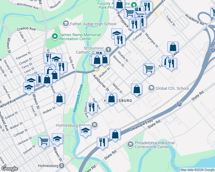 map of restaurants, bars, coffee shops, grocery stores, and more near 4420 Millett Street in Philadelphia