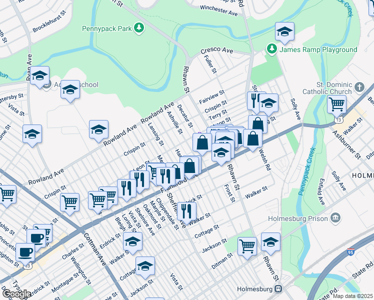 map of restaurants, bars, coffee shops, grocery stores, and more near 3507 Ashville Street in Philadelphia