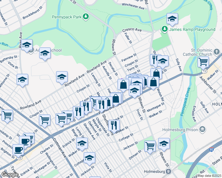 map of restaurants, bars, coffee shops, grocery stores, and more near 3513 Hartel Avenue in Philadelphia