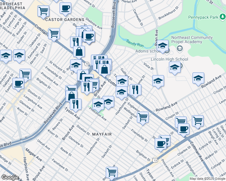 map of restaurants, bars, coffee shops, grocery stores, and more near 7242 Battersby Street in Philadelphia