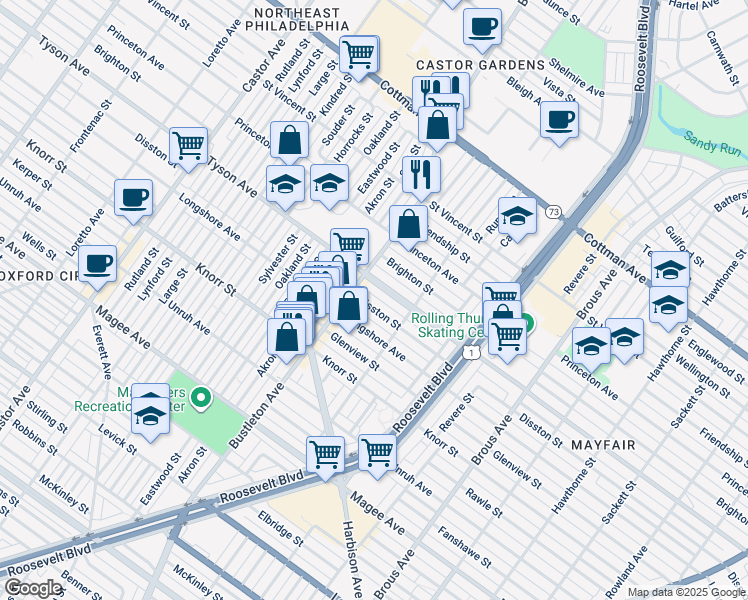 map of restaurants, bars, coffee shops, grocery stores, and more near 2125 Disston Street in Philadelphia