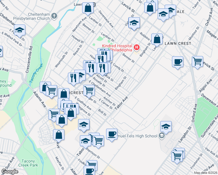 map of restaurants, bars, coffee shops, grocery stores, and more near 580 1/2 Van Kirk Street in Philadelphia