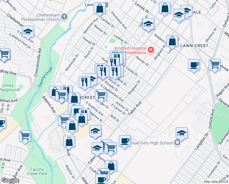 map of restaurants, bars, coffee shops, grocery stores, and more near 557 1/2 Rosalie Street in Philadelphia