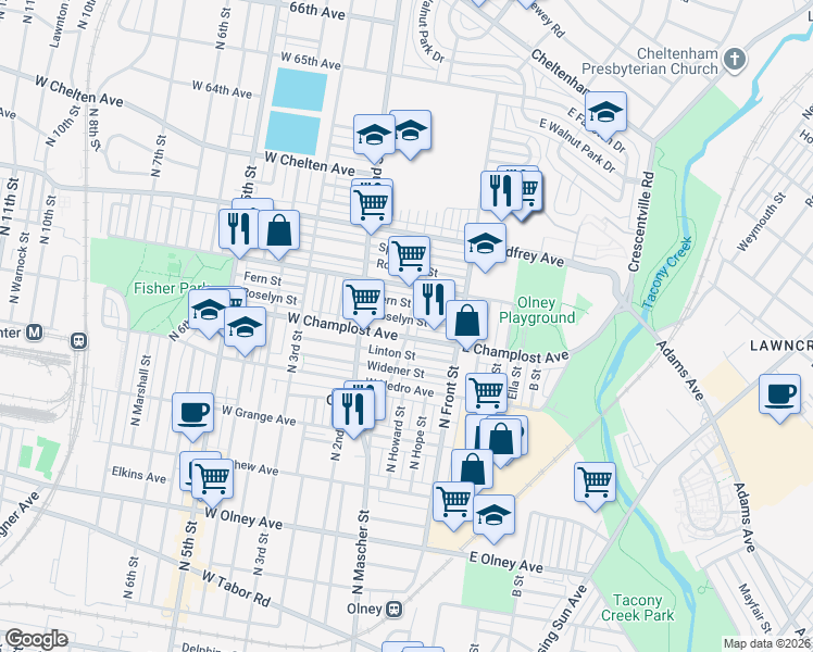 map of restaurants, bars, coffee shops, grocery stores, and more near 128 Fern Street in Philadelphia