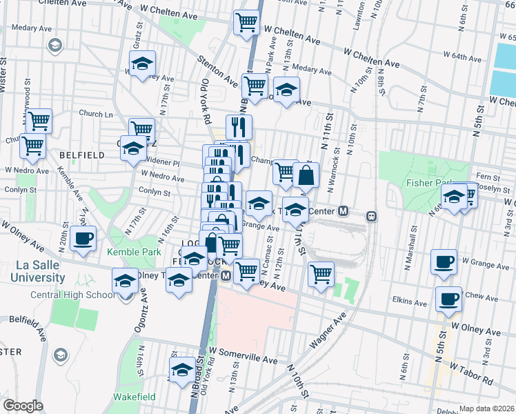 map of restaurants, bars, coffee shops, grocery stores, and more near 1320 West Nedro Avenue in Philadelphia