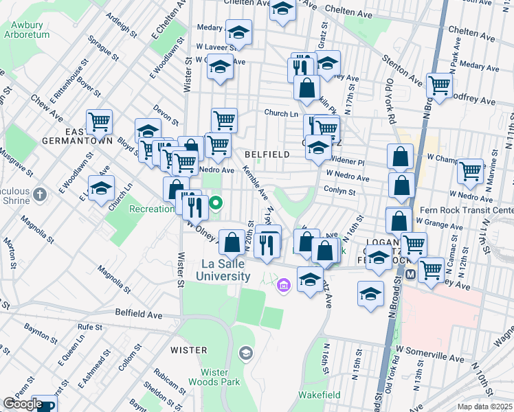 map of restaurants, bars, coffee shops, grocery stores, and more near 5785 Kemble Avenue in Philadelphia