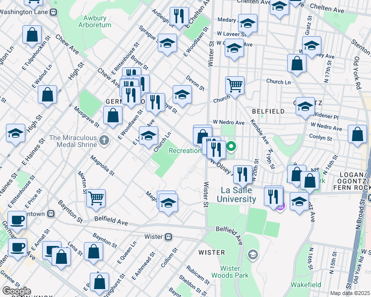 map of restaurants, bars, coffee shops, grocery stores, and more near 5356 Chew Avenue in Philadelphia