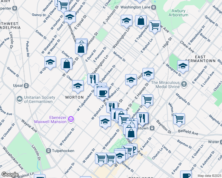 map of restaurants, bars, coffee shops, grocery stores, and more near 44 East Pastorius Street in Philadelphia
