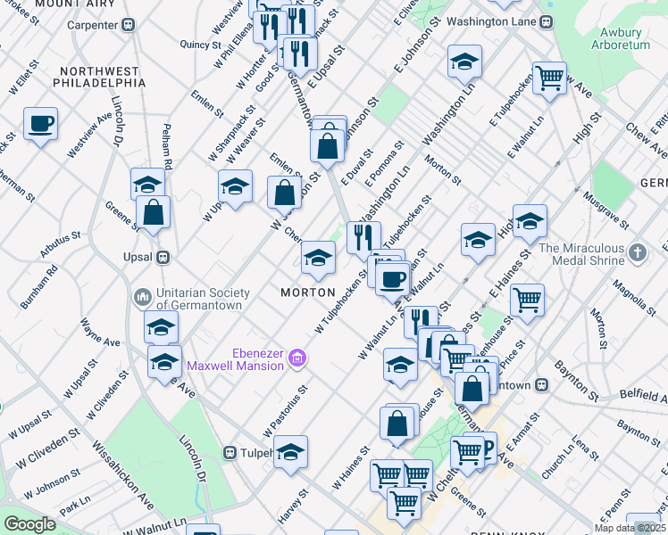 map of restaurants, bars, coffee shops, grocery stores, and more near 52 West Washington Lane in Philadelphia