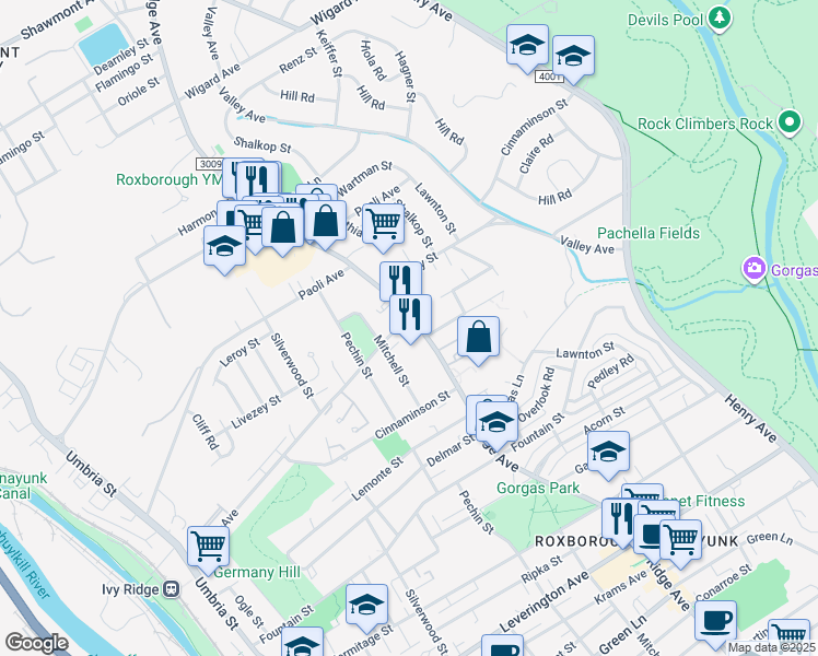 map of restaurants, bars, coffee shops, grocery stores, and more near 6804 Ridge Avenue in Philadelphia