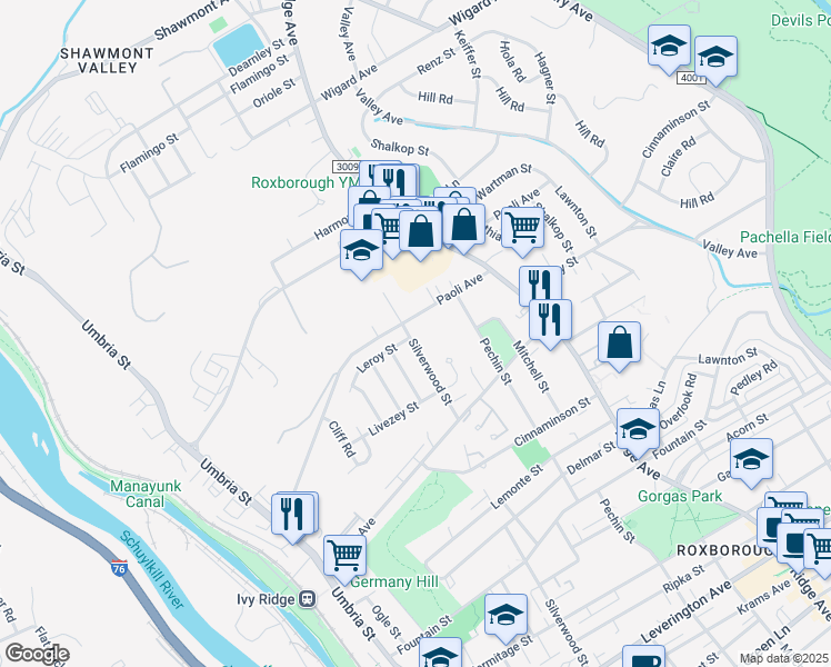 map of restaurants, bars, coffee shops, grocery stores, and more near 421 Paoli Avenue in Philadelphia