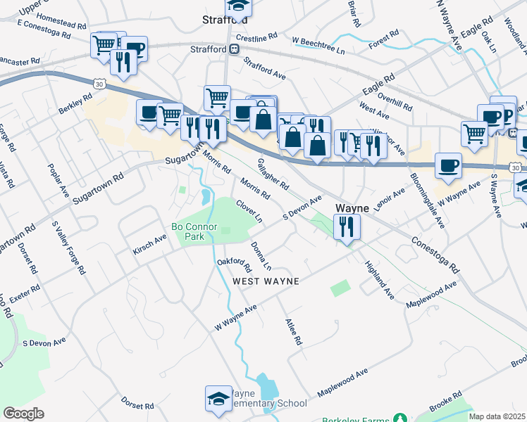 map of restaurants, bars, coffee shops, grocery stores, and more near 26 Clover Ln in Wayne