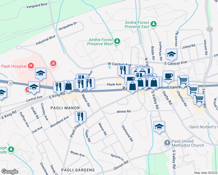 map of restaurants, bars, coffee shops, grocery stores, and more near 57 Plank Ave in Paoli