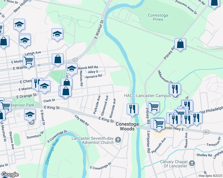 map of restaurants, bars, coffee shops, grocery stores, and more near 48 Riverside Avenue in Lancaster
