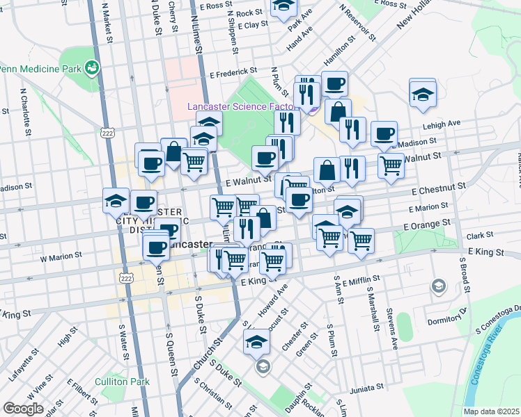 map of restaurants, bars, coffee shops, grocery stores, and more near 328 East Fulton Street in Lancaster
