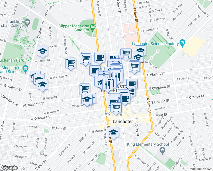 map of restaurants, bars, coffee shops, grocery stores, and more near in Lancaster
