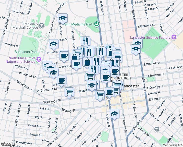 map of restaurants, bars, coffee shops, grocery stores, and more near 251 West Walnut Street in Lancaster