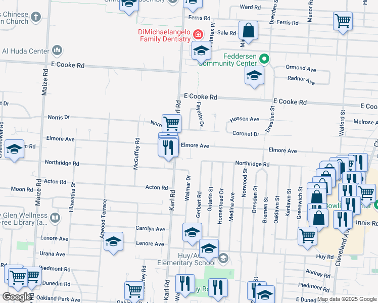 map of restaurants, bars, coffee shops, grocery stores, and more near 1490 Elmore Avenue in Columbus