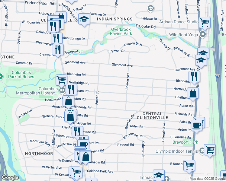 map of restaurants, bars, coffee shops, grocery stores, and more near 257 Northridge Road in Columbus
