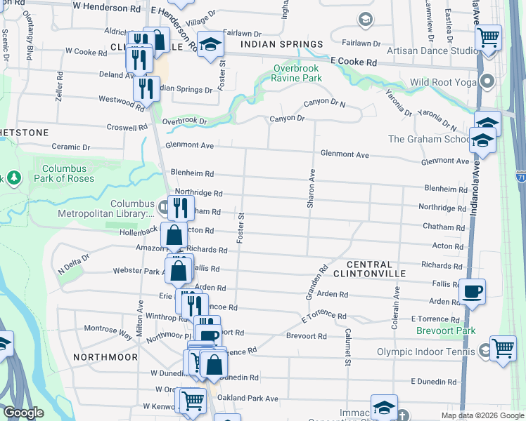 map of restaurants, bars, coffee shops, grocery stores, and more near 199 Northridge Road in Columbus