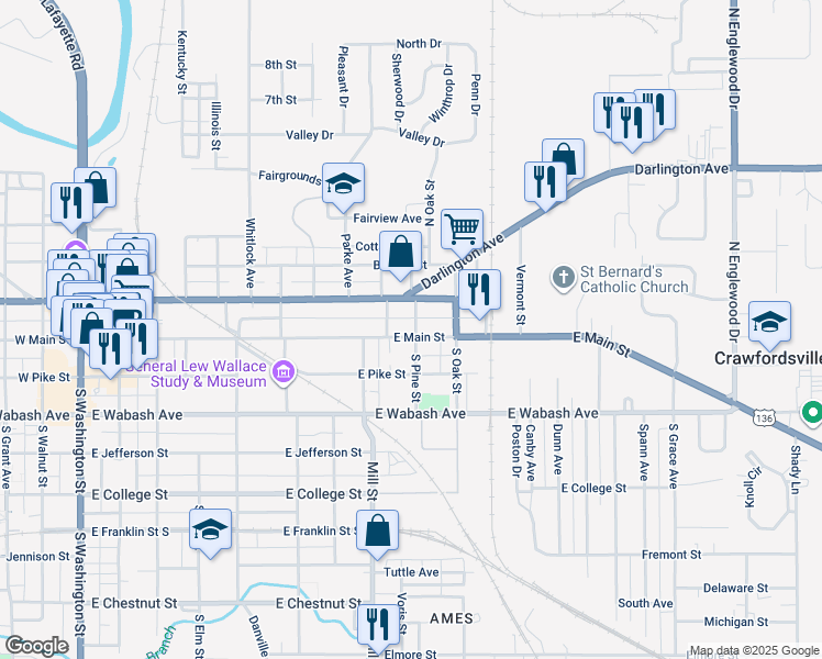 map of restaurants, bars, coffee shops, grocery stores, and more near 903 East Market Street in Crawfordsville